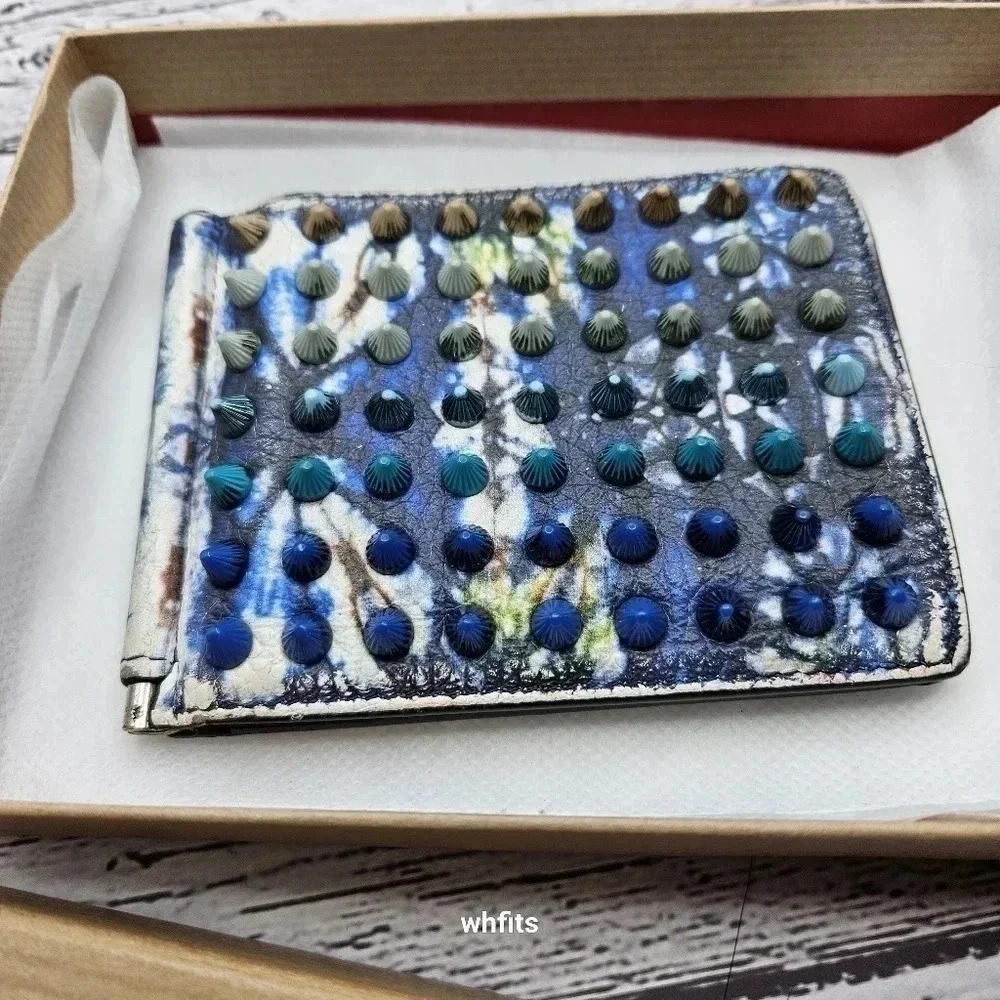 Christian Louboutin Bifold Money Clip Wallet Blue White Leather Studs with Box - Picture 2 of 8